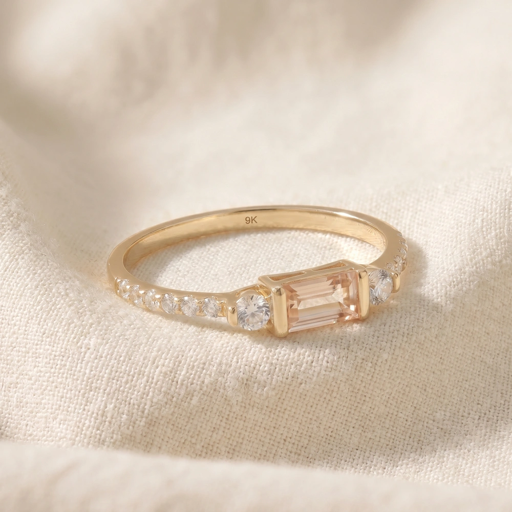 9Kt Solid Yellow Gold Ring With Lab Grown Diamond, Morganite