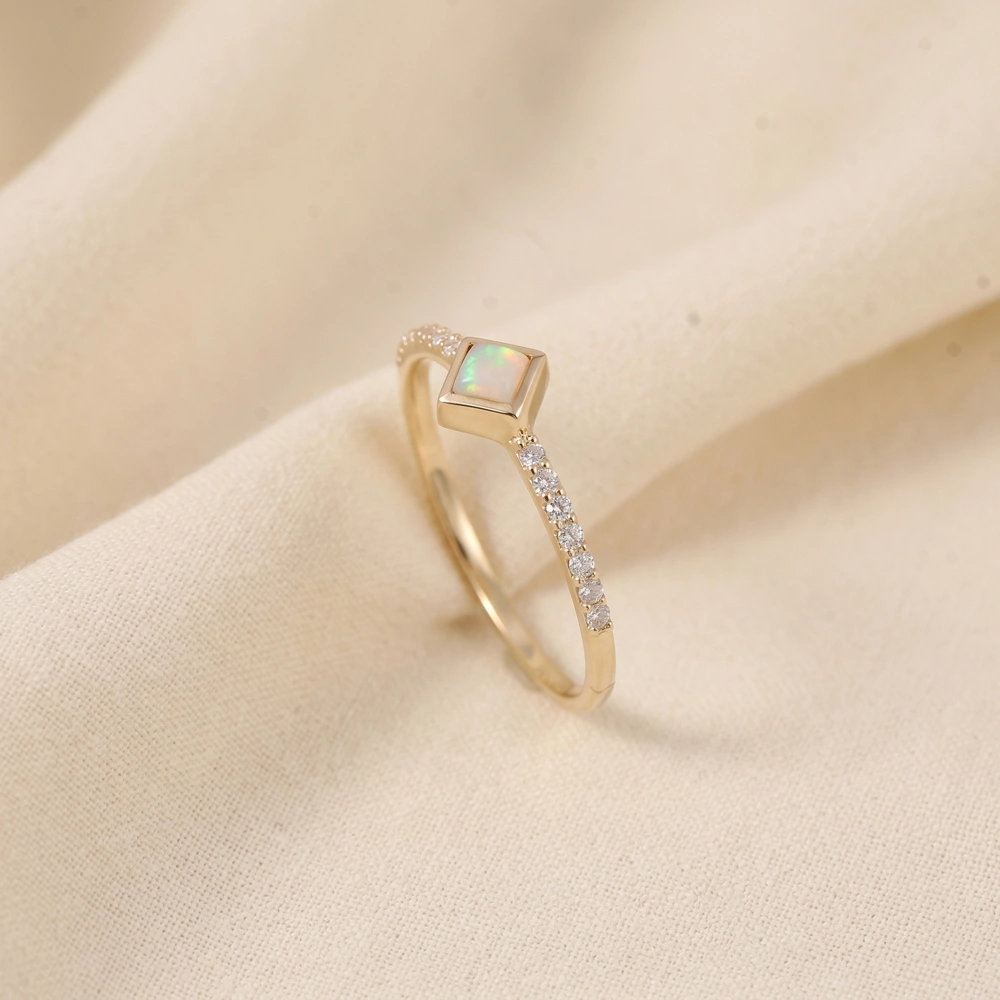 Ethiopian Opal 9Kt Yellow Gold Ring With Lab Grown Diamond