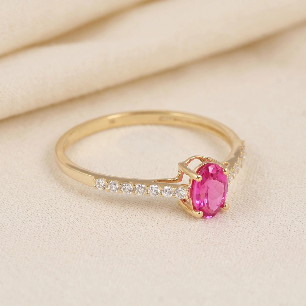 Yellow Gold Ring With Lab Grown Hot Pink Tourmaline, Diamond Yellow Gold Ring With Lab Grown Hot Pink Tourmaline, Diamond
