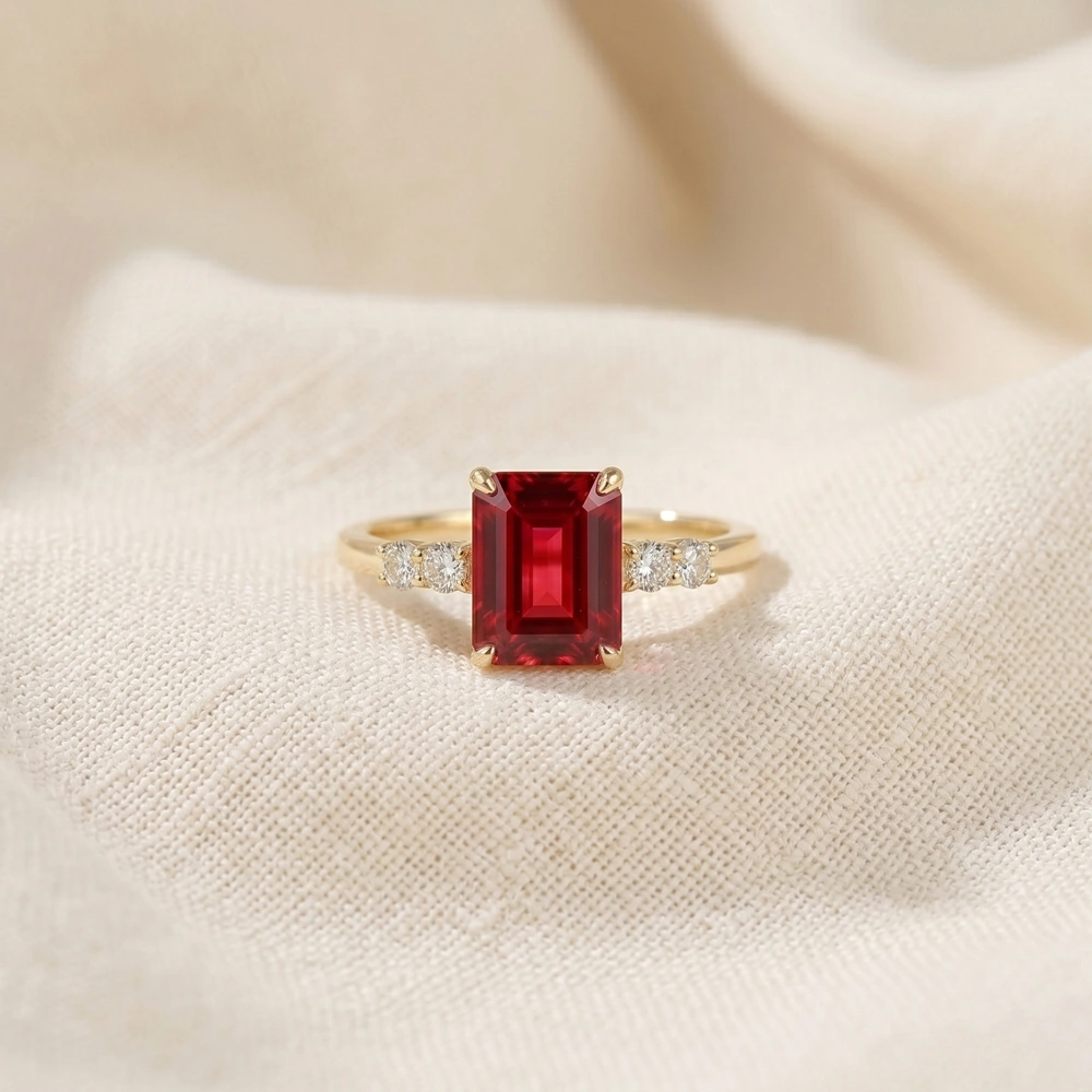 9Kt Yellow Gold Ring Lab Grown Diamond And Pigeon Blood Ruby