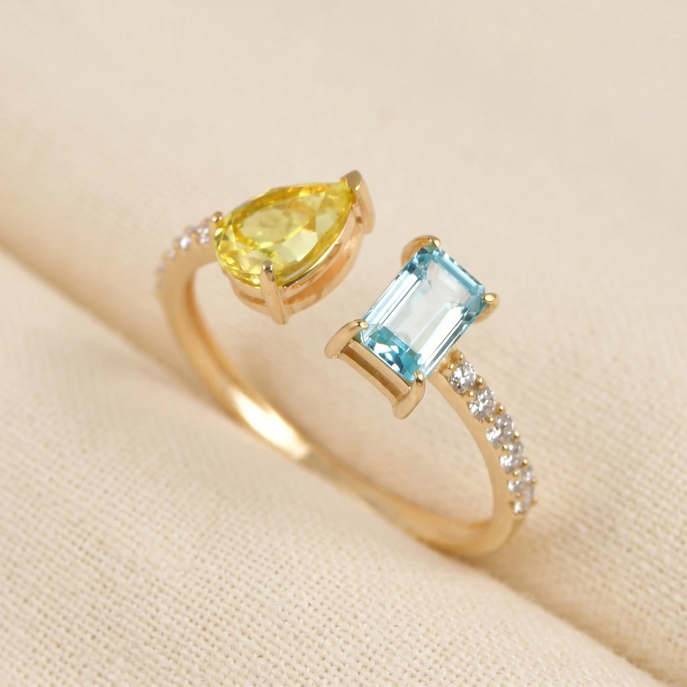 Lab Diamond, Paraiba Tourmaline, Yellow Sapphire Gold Ring Lab Diamond, Paraiba Tourmaline, Yellow Sapphire Gold Ring