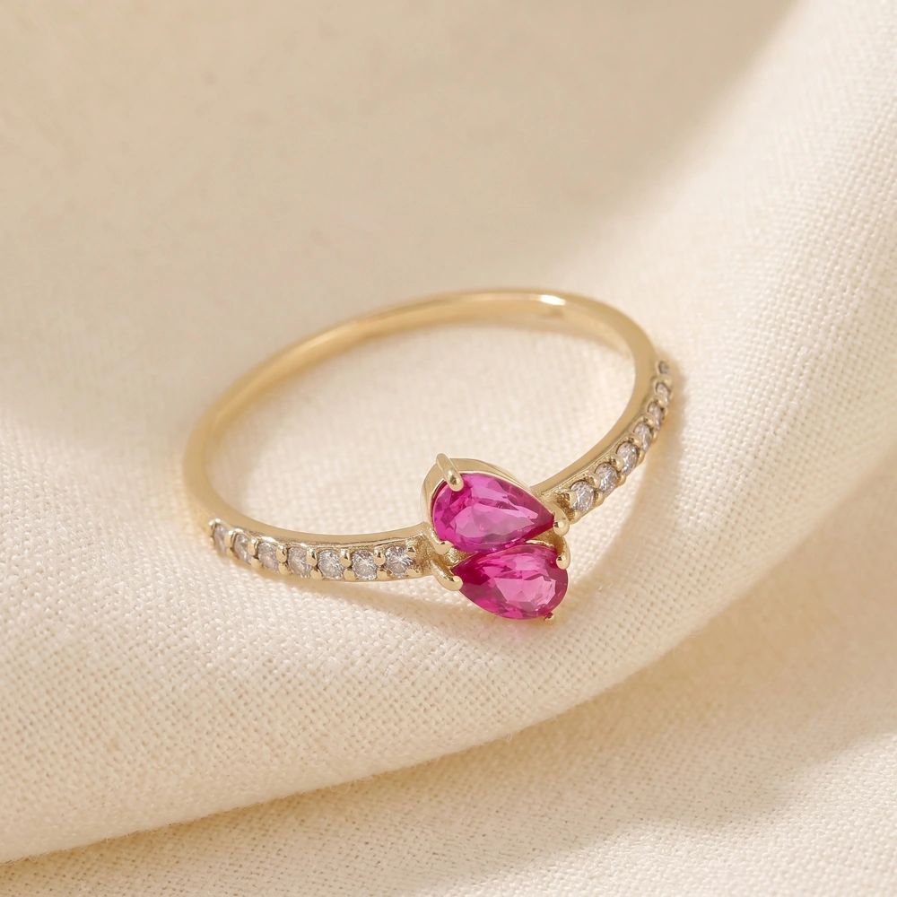 9K Gold Ring Lab Grown Diamond And Hot Pink Tourmaline