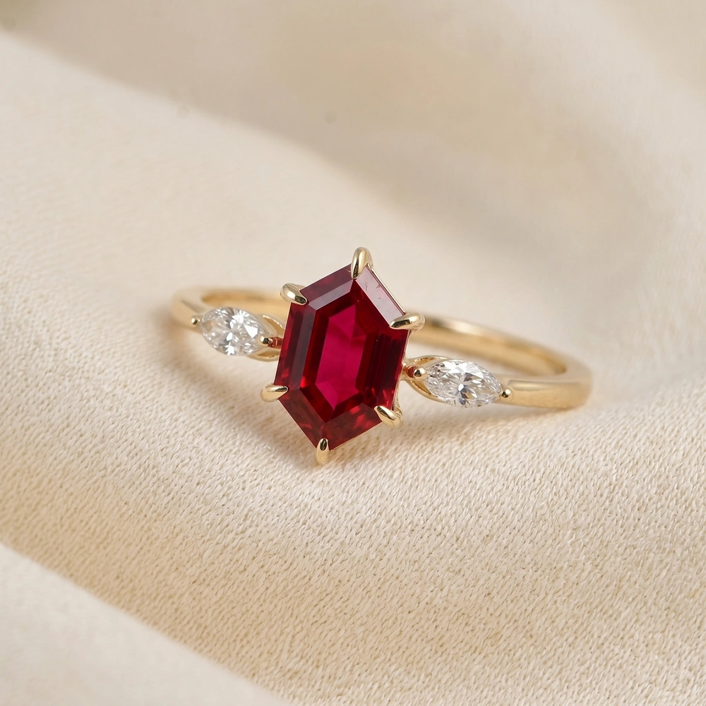 9Kt Gold Ring With Lab Grown Diamond And Pigeon Blood Ruby 9Kt Gold Ring With Lab Grown Diamond And Pigeon Blood Ruby