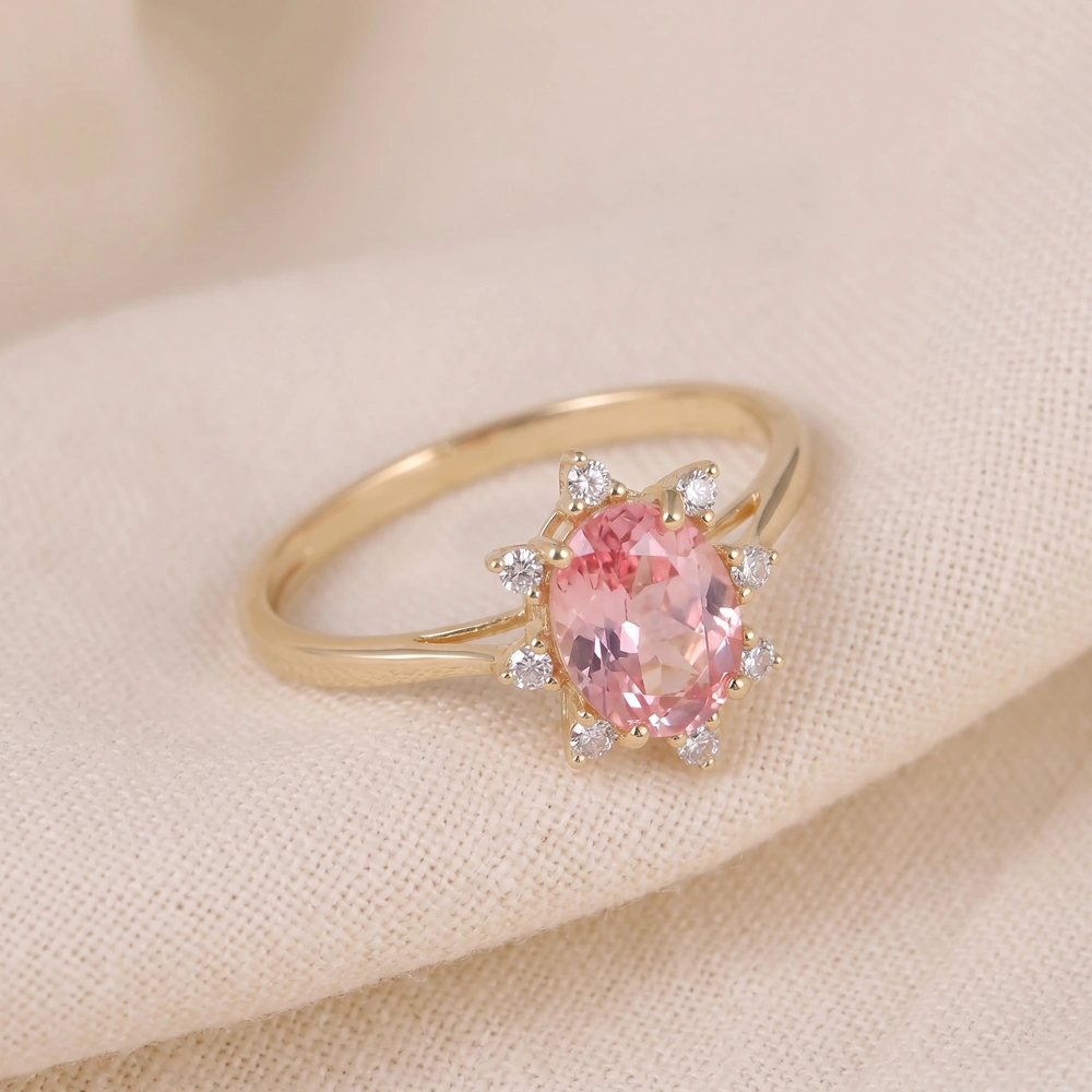 Certified Lab Grown Diamond, Padparadscha Sapphire Gold Ring Certified Lab Grown Diamond, Padparadscha Sapphire Gold Ring