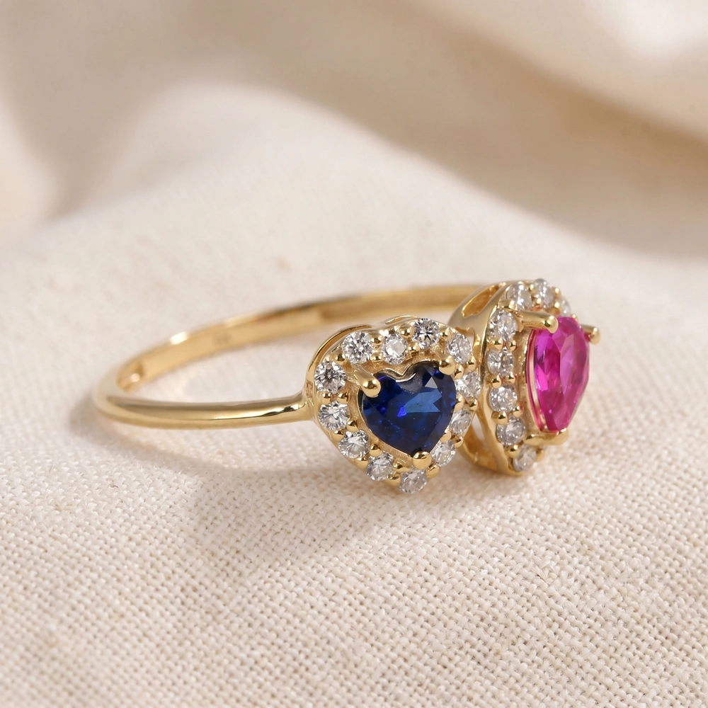 Lab Grown Diamond, Pink Tourmaline, Blue Sapphire Gold Ring Lab Grown Diamond, Pink Tourmaline, Blue Sapphire Gold Ring