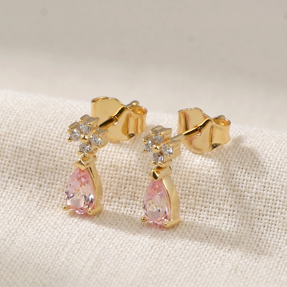 Gold Studs with Lab Grown Diamond, Padparadscha Sapphire Gold Studs with Lab Grown Diamond, Padparadscha Sapphire