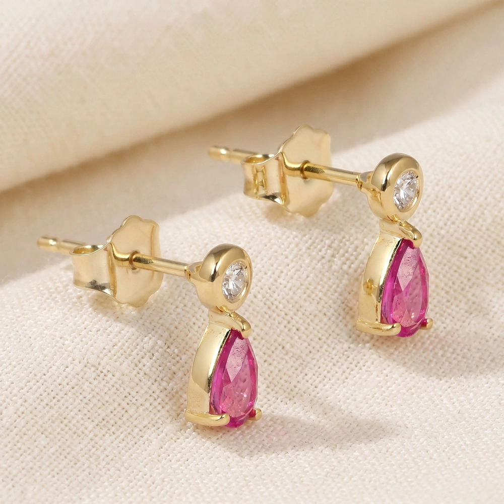 9Kt Gold Earrings with Lab Grown Diamond, Pink Tourmaline 9Kt Gold Earrings with Lab Grown Diamond, Pink Tourmaline