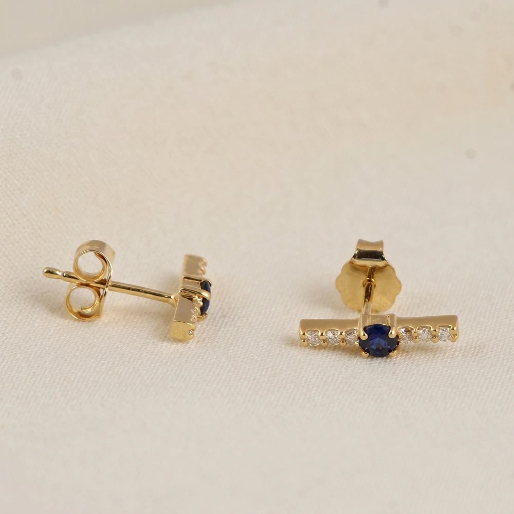 9Kt Gold Earrings with Lab Grown Diamond, Royal Blue Sapphire 9Kt Gold Earrings with Lab Grown Diamond, Royal Blue Sapphire