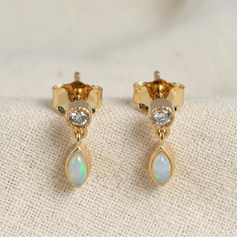 Ethiopian Opal 9Kt Gold Earrings with Lab Grown Diamond Ethiopian Opal 9Kt Gold Earrings with Lab Grown Diamond