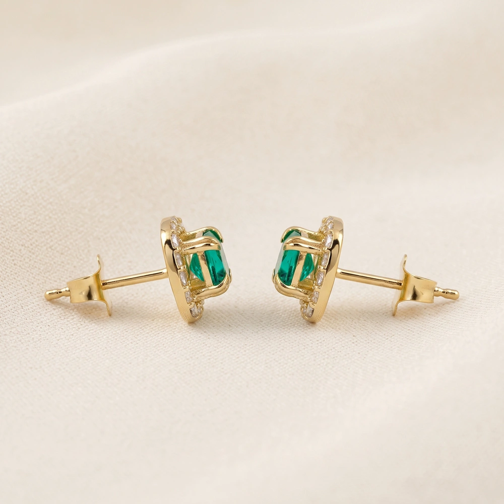 9Kt Yellow Gold Earrings with Lab Diamond, Columbia Emerald 9Kt Yellow Gold Earrings with Lab Diamond, Columbia Emerald