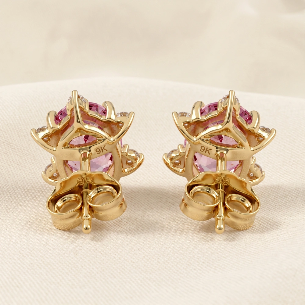 Lab Grown Padparadscha Sapphire Diamond Gold Studs Lab Grown Padparadscha Sapphire Diamond Gold Studs