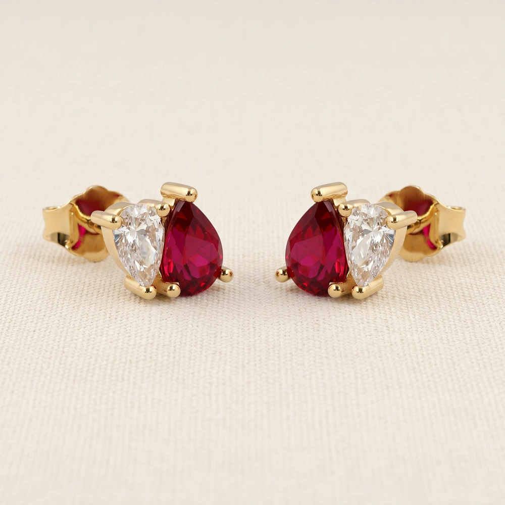 Gold Earrings with Lab Grown Diamond, Pigeon Blood Ruby