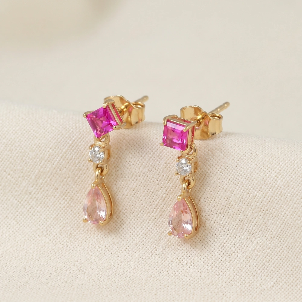 Lab Grown Hot Pink Tourmaline Diamond Gold Drop Earrings