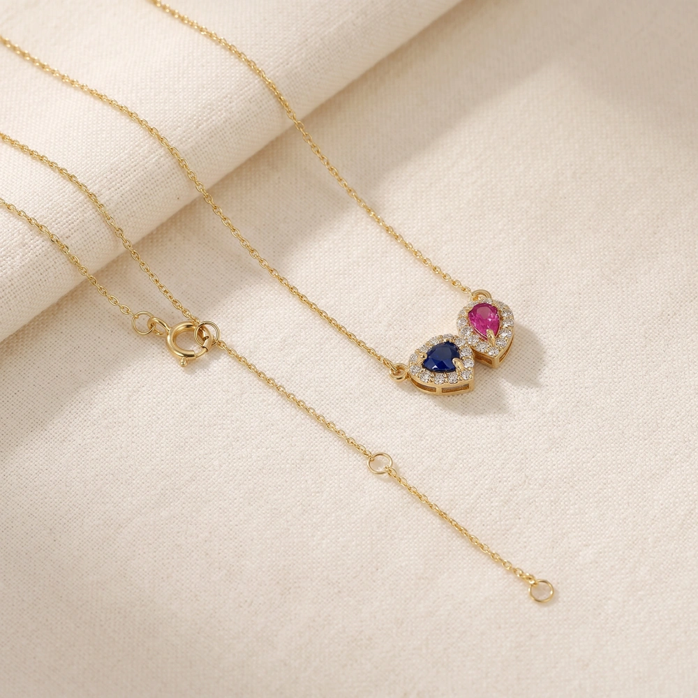 Lab Diamond Pink Tourmaline Blue Sapphire Gold Necklace Lab Diamond Pink Tourmaline Blue Sapphire Gold Necklace