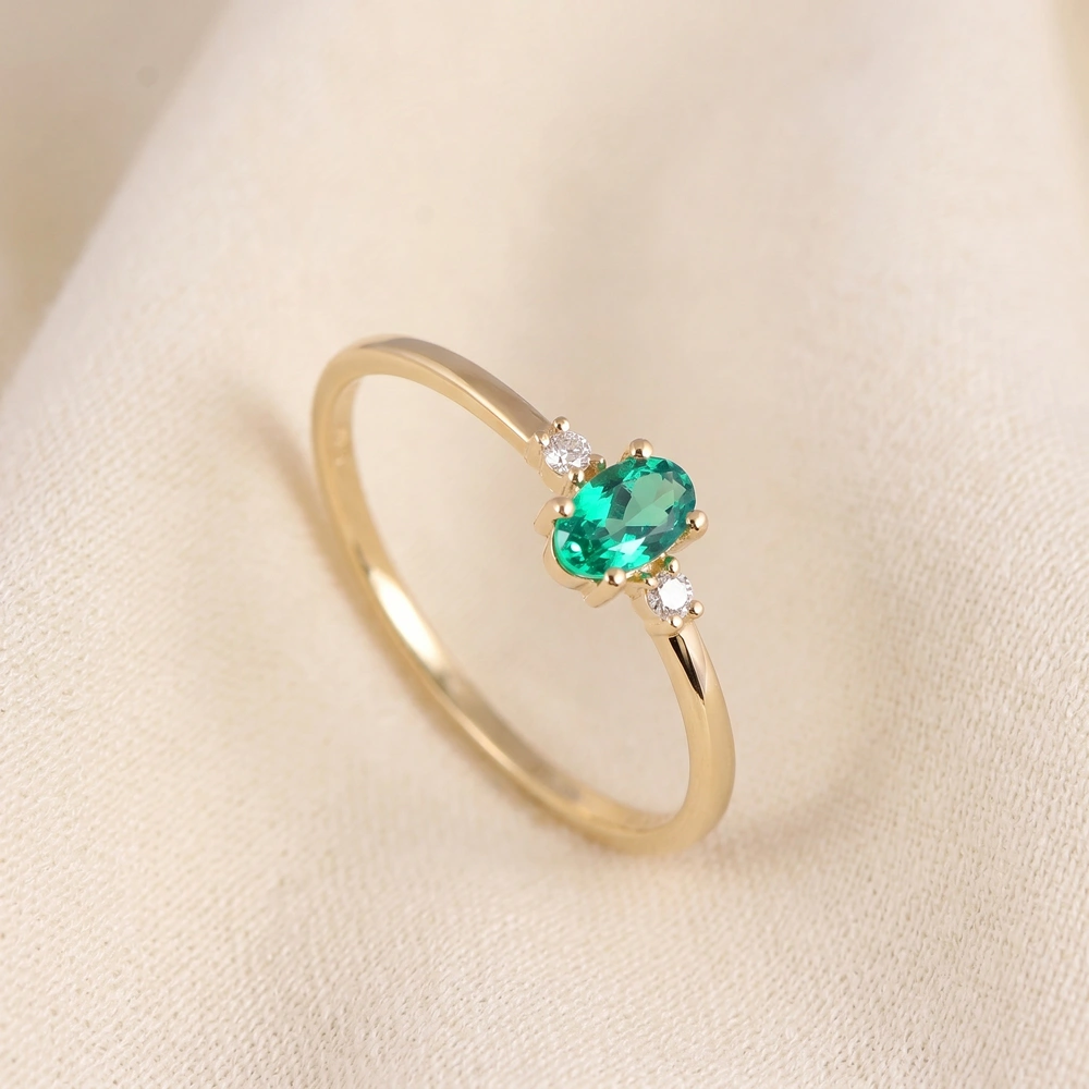 Gold Delicate Ring With Lab Grown Columbia Emerald, Diamond Gold Delicate Ring With Lab Grown Columbia Emerald, Diamond