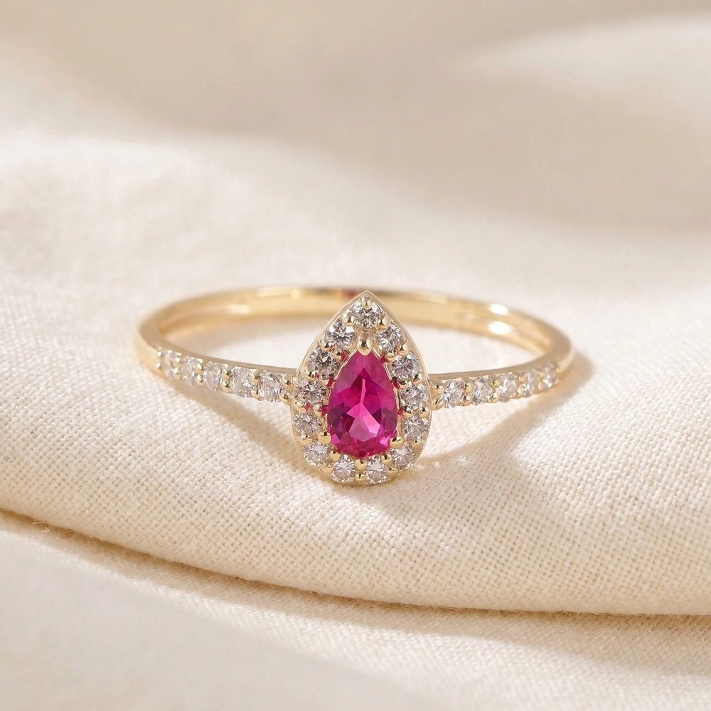 9Kt Yellow Gold Ring: Lab Grown Hot Pink Tourmaline, Diamond
