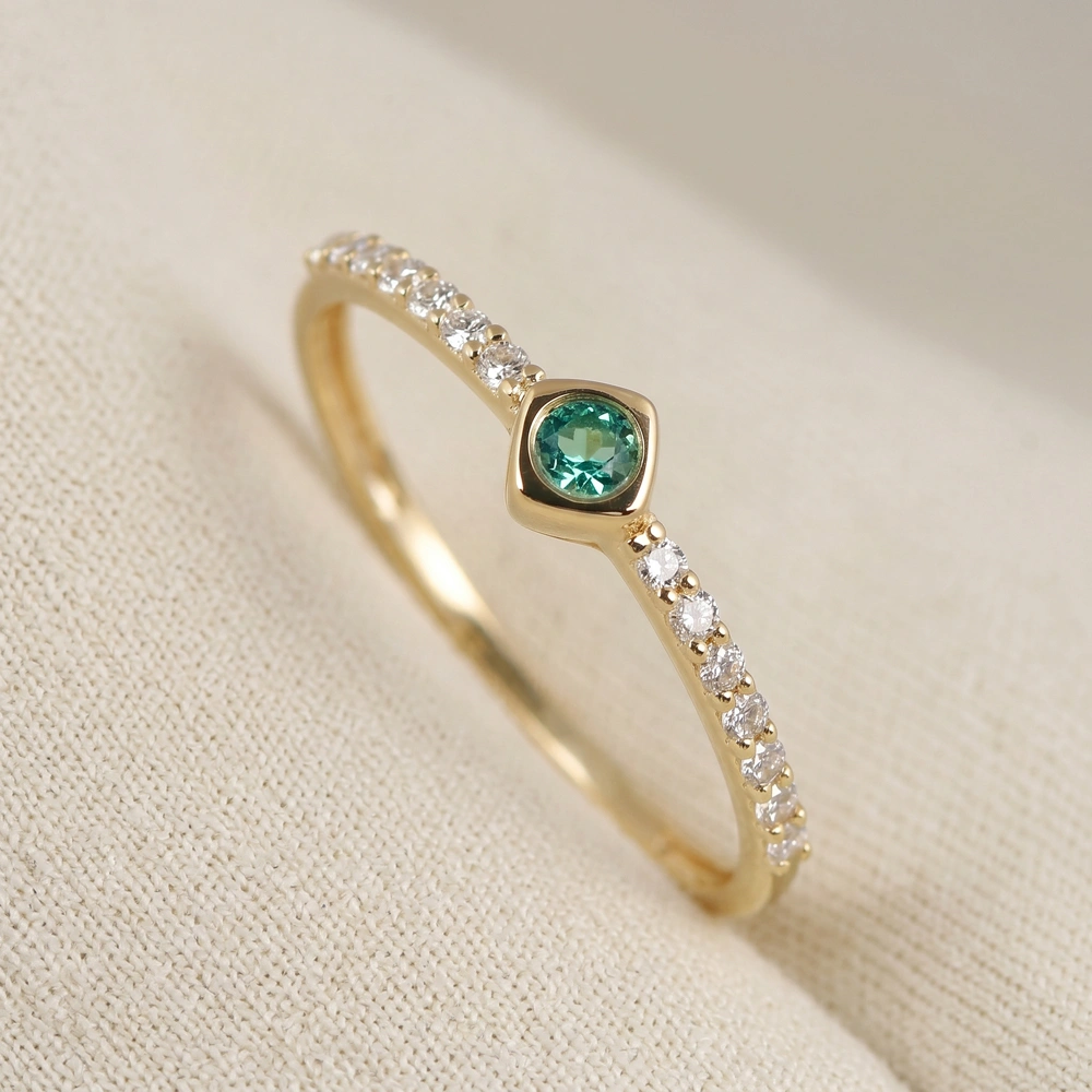 Solid Gold Ring With Lab Grown Columbia Emerald, Diamond Solid Gold Ring With Lab Grown Columbia Emerald, Diamond