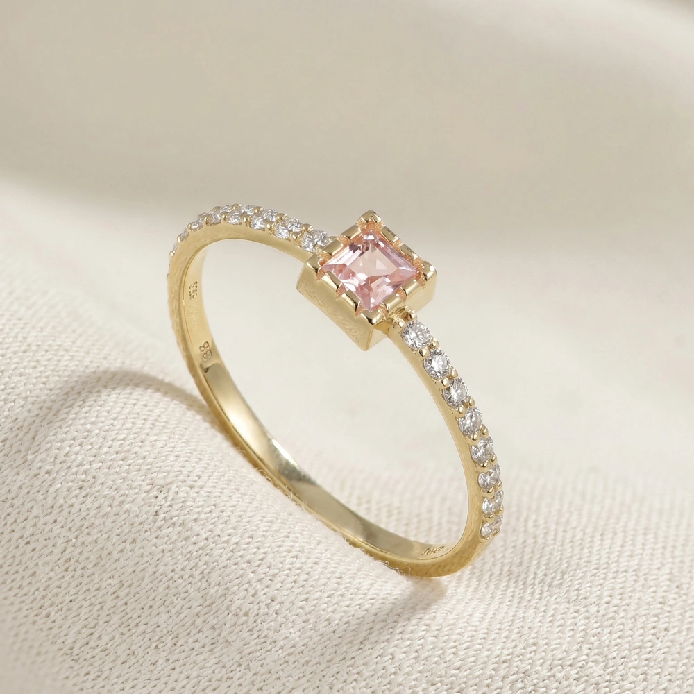 9Kt Solid Gold Ring With Lab Padparadscha Sapphire, Diamond 9Kt Solid Gold Ring With Lab Padparadscha Sapphire, Diamond