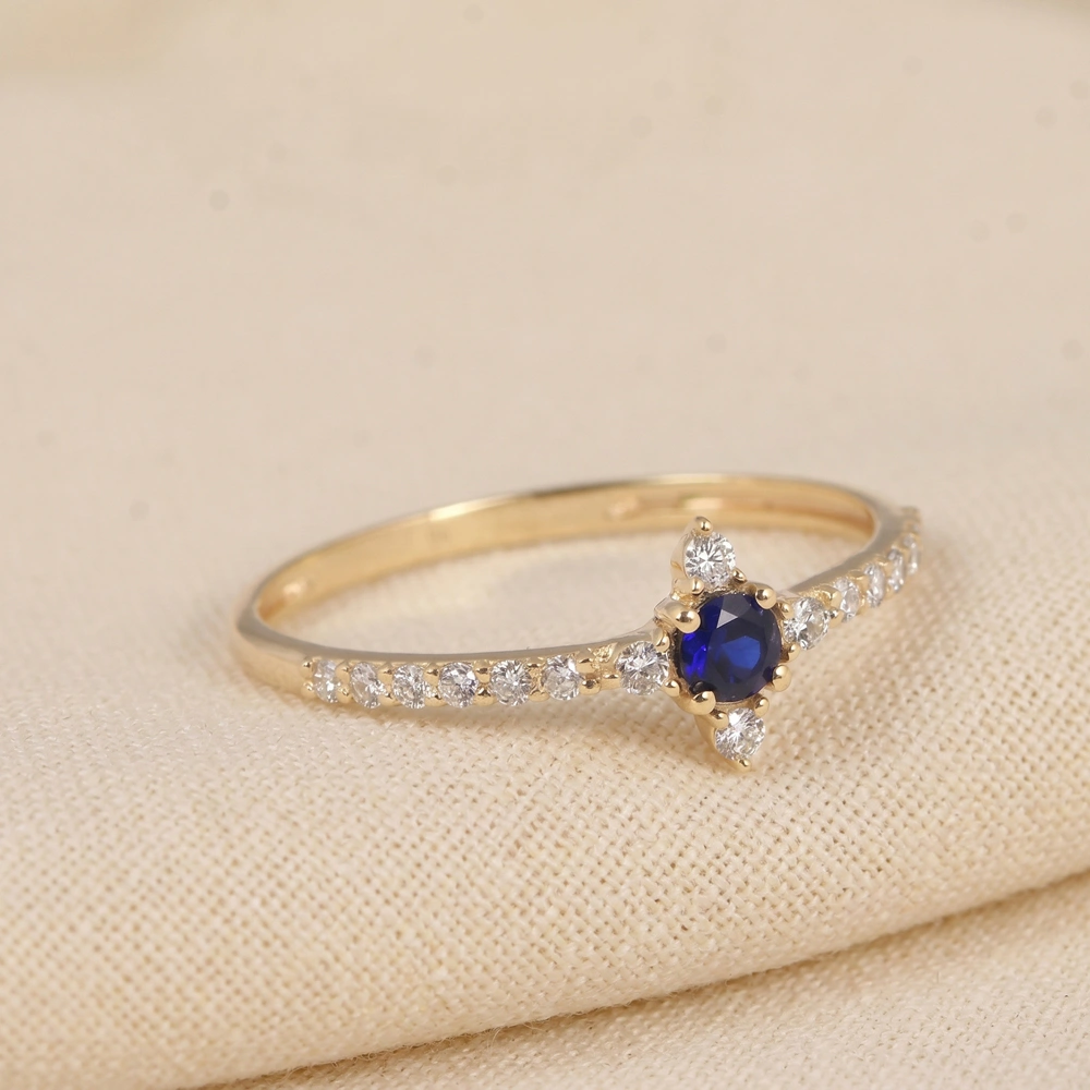 9Kt Yellow Gold Ring With Lab Grown Diamond, Blue Sapphire 9Kt Yellow Gold Ring With Lab Grown Diamond, Blue Sapphire