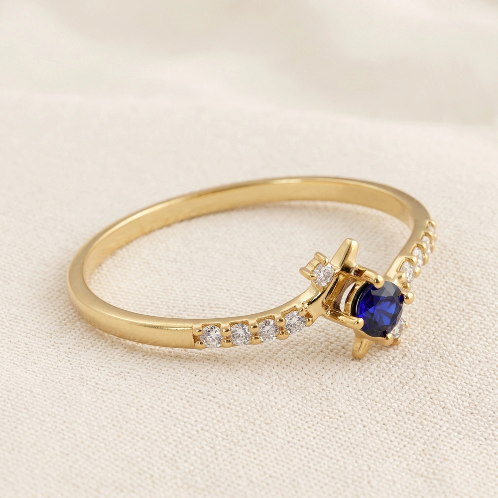 Gold Ring With Lab Grown Diamond, Royal Blue Sapphire Gold Ring With Lab Grown Diamond, Royal Blue Sapphire