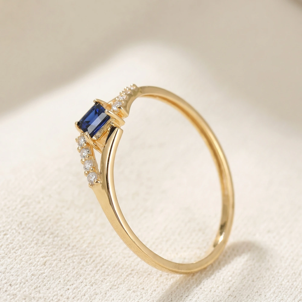 Solid Gold Ring With Lab Grown Royal Blue Sapphire, Diamond Solid Gold Ring With Lab Grown Royal Blue Sapphire, Diamond