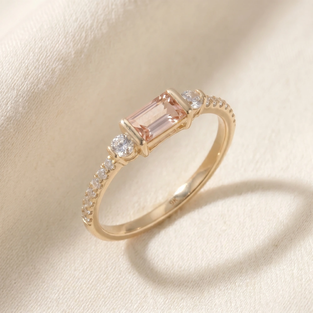 9Kt Solid Yellow Gold Ring With Lab Grown Diamond, Morganite