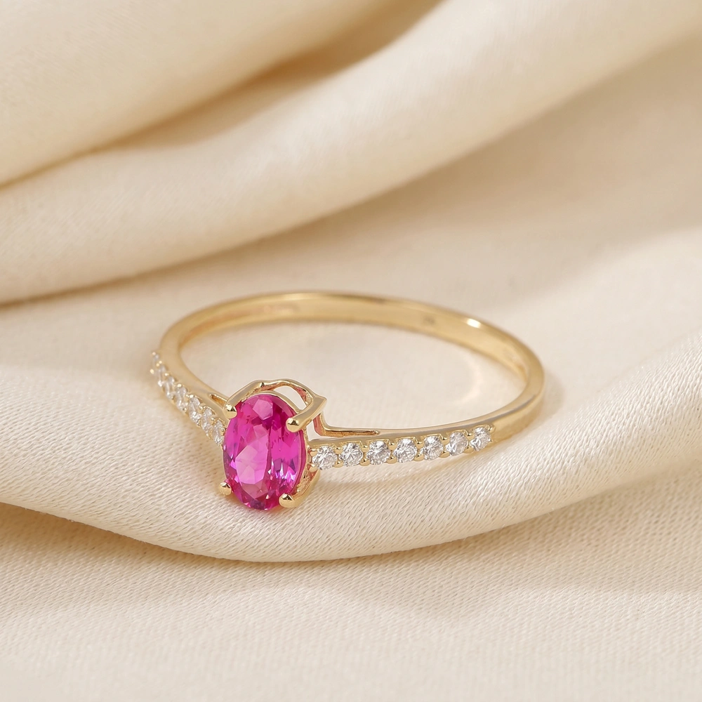 Yellow Gold Ring With Lab Grown Hot Pink Tourmaline, Diamond Yellow Gold Ring With Lab Grown Hot Pink Tourmaline, Diamond