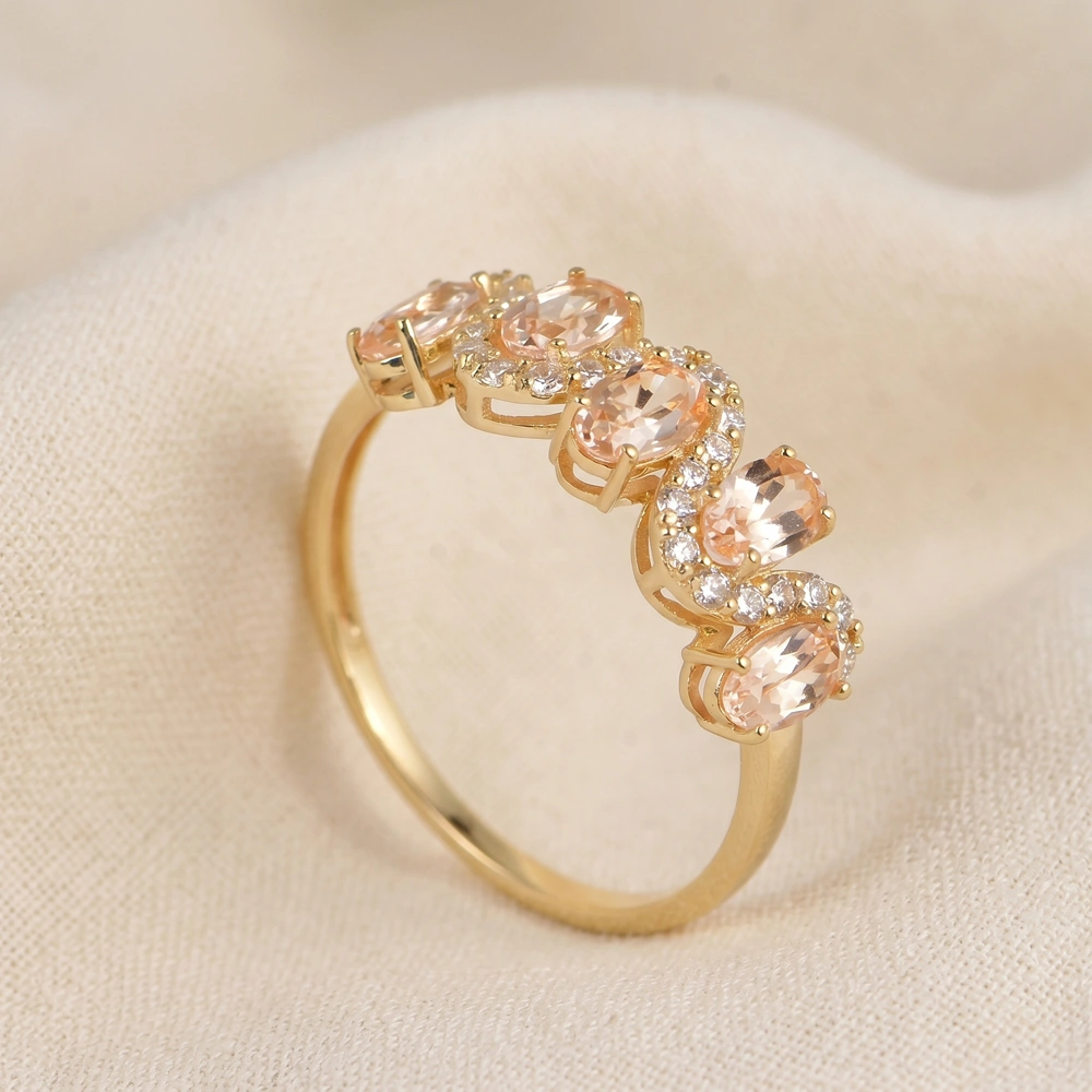 9Kt Yellow Gold Ring With Lab Grown Diamond, Morganite 9Kt Yellow Gold Ring With Lab Grown Diamond, Morganite