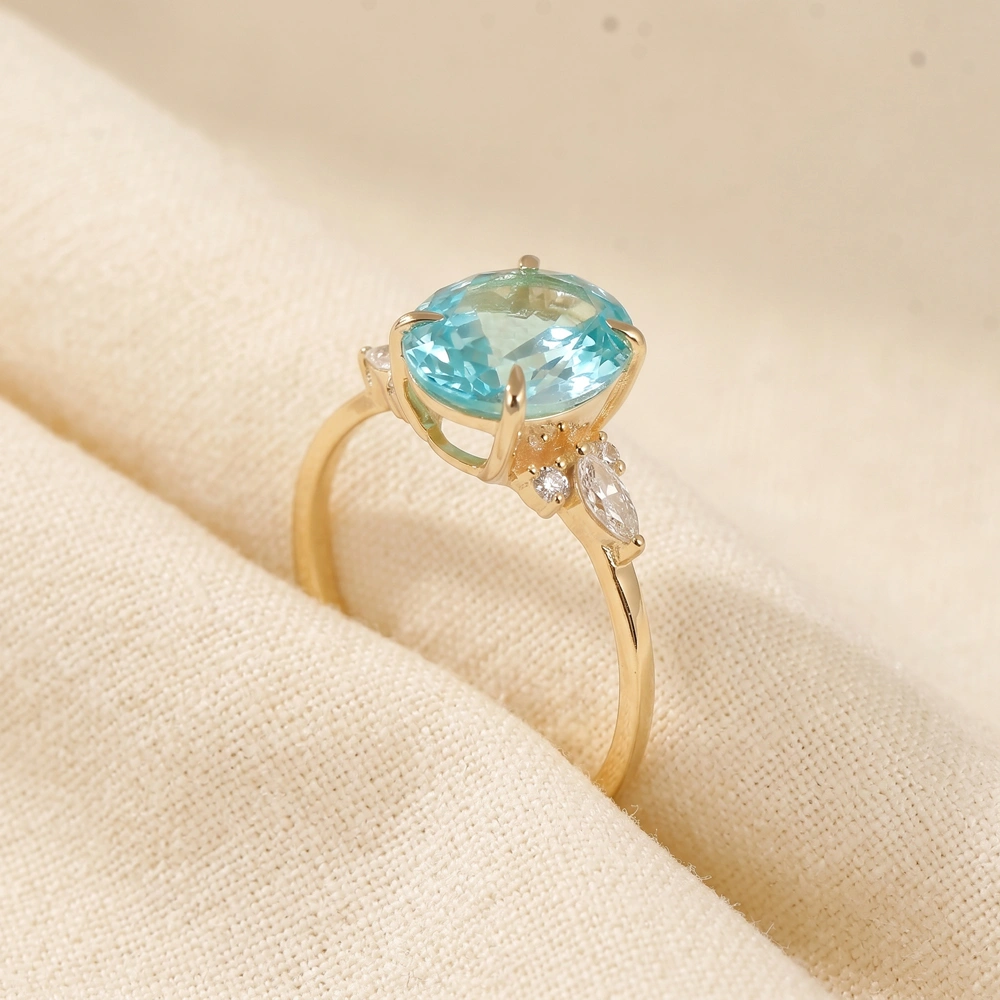 Lab Diamond And Paraiba Tourmaline 9 Karat Yellow Gold Ring
