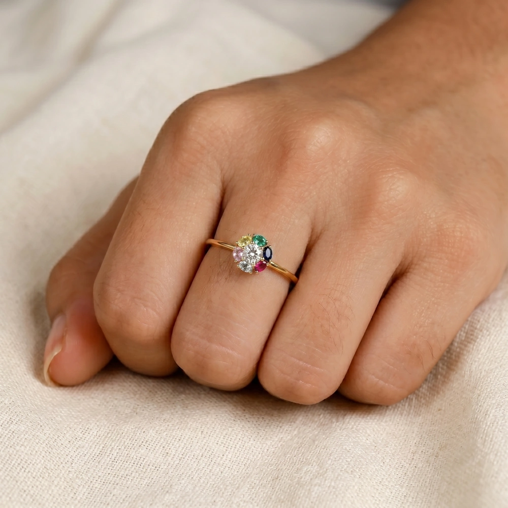 9Kt Yellow Gold Ring With Lab Grown Diamond And Multi Gems 9Kt Yellow Gold Ring With Lab Grown Diamond And Multi Gems