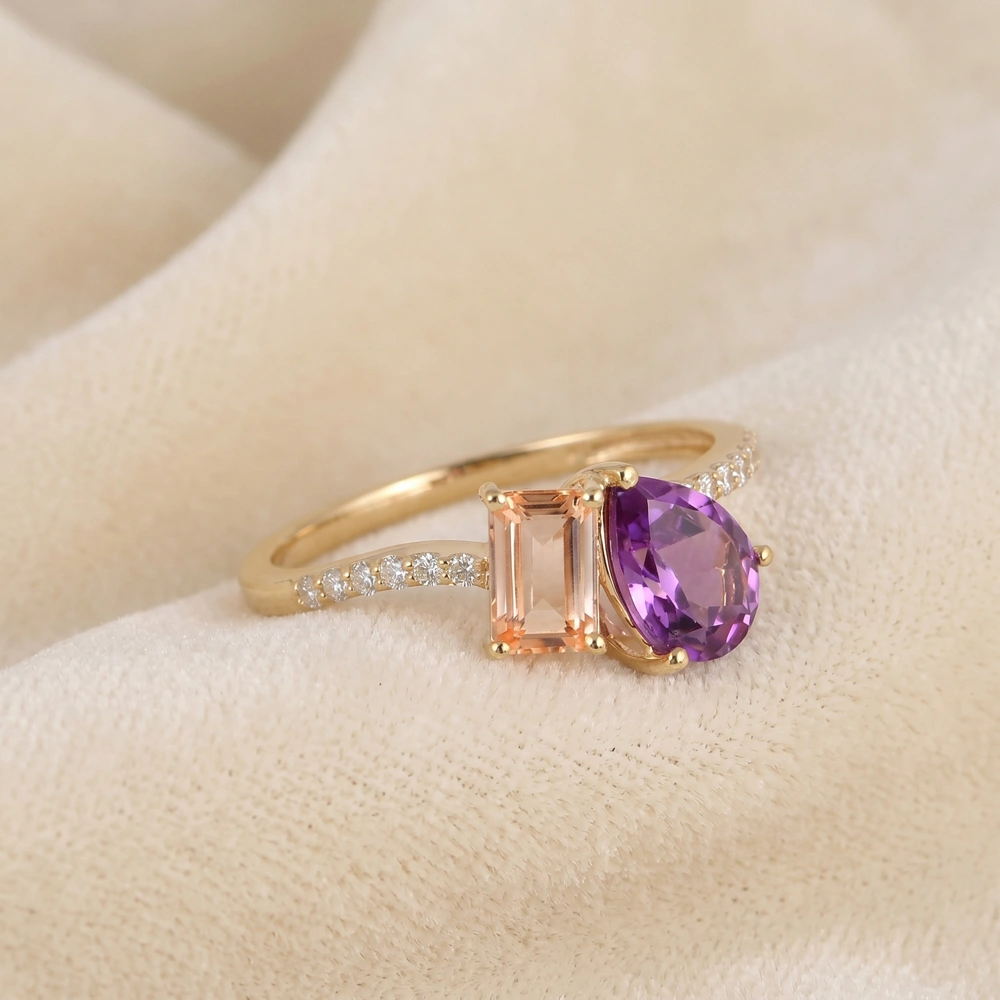 Lab Grown Diamond, Morganite And Alexandrite 9Kt Gold Ring Lab Grown Diamond, Morganite And Alexandrite 9Kt Gold Ring