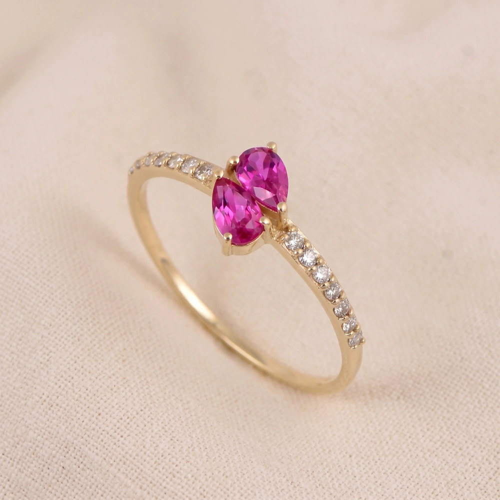 9K Gold Ring Lab Grown Diamond And Hot Pink Tourmaline