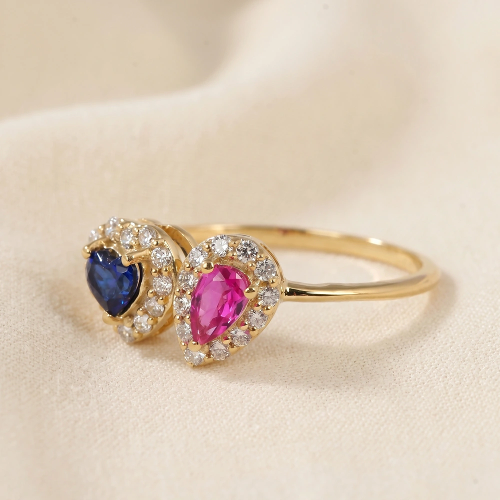 Lab Grown Diamond, Pink Tourmaline, Blue Sapphire Gold Ring Lab Grown Diamond, Pink Tourmaline, Blue Sapphire Gold Ring