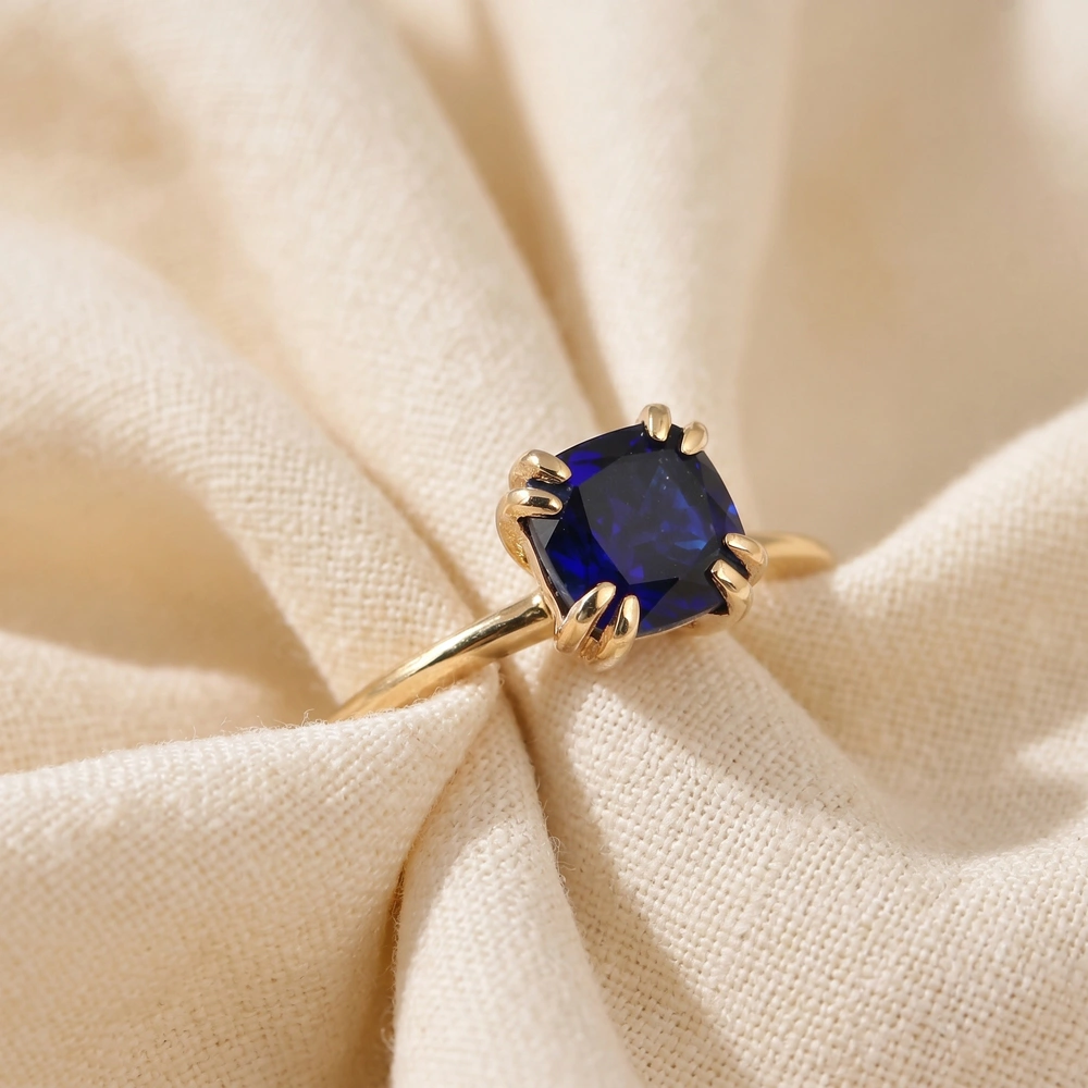 Handcrafted 9 Kt Gold Ring With Lab Grown Royal Blue Sapphire Handcrafted 9 Kt Gold Ring With Lab Grown Royal Blue Sapphire