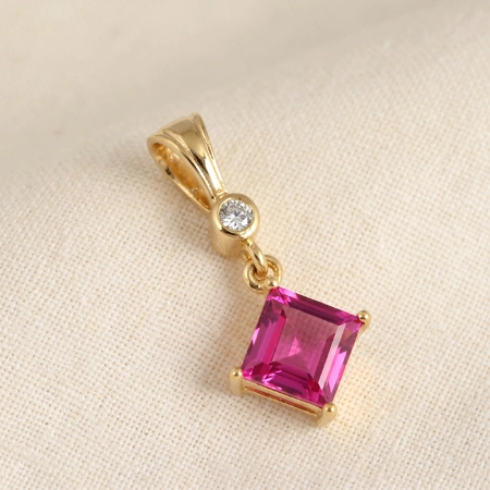 Lab Grown Diamond Hot Pink Tourmaline Yellow Gold Charm