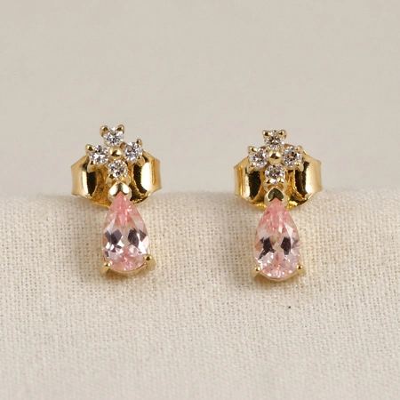 Gold Studs with Lab Grown Diamond, Padparadscha Sapphire Gold Studs with Lab Grown Diamond, Padparadscha Sapphire