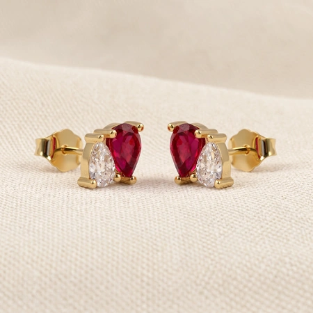 Gold Earrings with Lab Grown Diamond, Pigeon Blood Ruby Gold Earrings with Lab Grown Diamond, Pigeon Blood Ruby