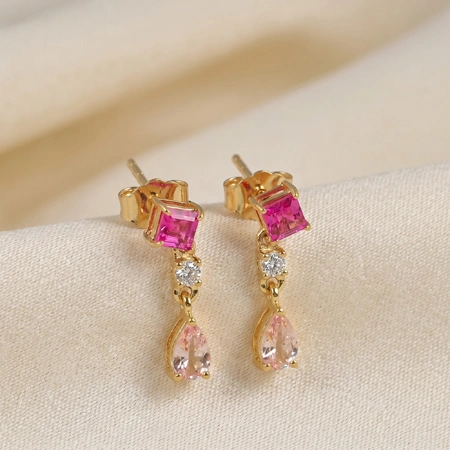 Lab Grown Hot Pink Tourmaline Diamond Gold Drop Earrings Lab Grown Hot Pink Tourmaline Diamond Gold Drop Earrings
