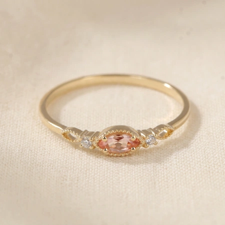 9K Gold Ring With Lab Grown Padparadscha Sapphire, Diamond 9K Gold Ring With Lab Grown Padparadscha Sapphire, Diamond