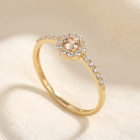 9Kt Yellow Gold Ring With Lab Grown Morganite And Diamond 9Kt Yellow Gold Ring With Lab Grown Morganite And Diamond