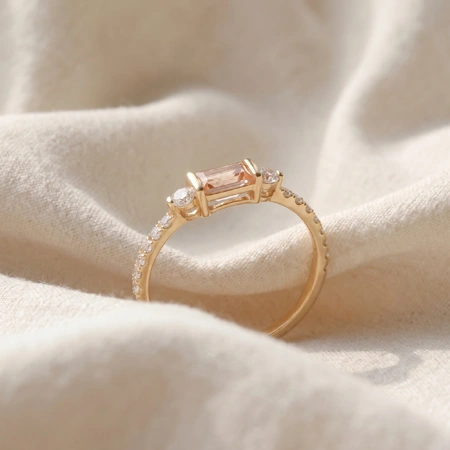 9Kt Solid Yellow Gold Ring With Lab Grown Diamond, Morganite 9Kt Solid Yellow Gold Ring With Lab Grown Diamond, Morganite