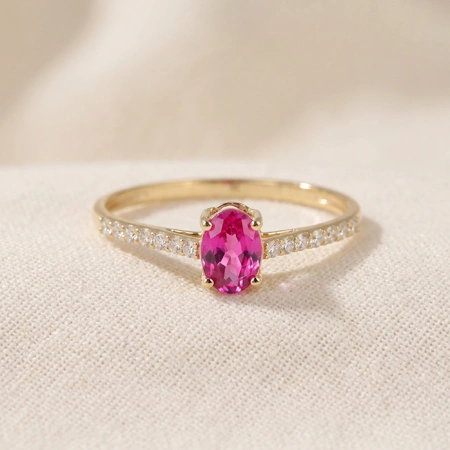 Yellow Gold Ring With Lab Grown Hot Pink Tourmaline, Diamond Yellow Gold Ring With Lab Grown Hot Pink Tourmaline, Diamond