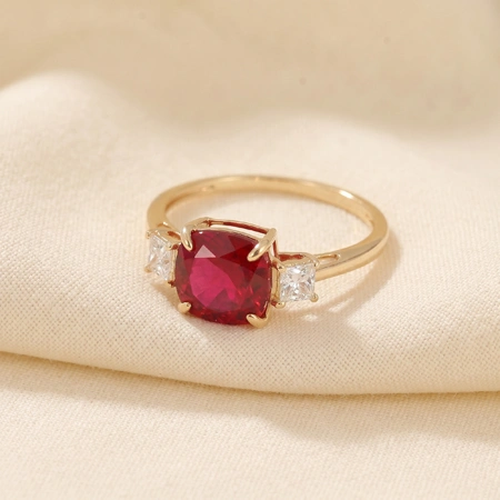 Lab Created Diamond With Pigeon Blood Ruby 18Kt Gold Ring