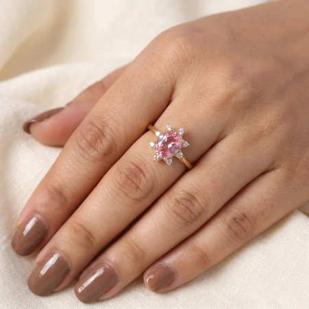 Certified Lab Grown Diamond, Padparadscha Sapphire Gold Ring Certified Lab Grown Diamond, Padparadscha Sapphire Gold Ring