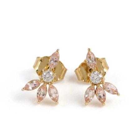 9Kt Gold Studs with Lab Grown Padparadscha Sapphire, Diamond 9Kt Gold Studs with Lab Grown Padparadscha Sapphire, Diamond