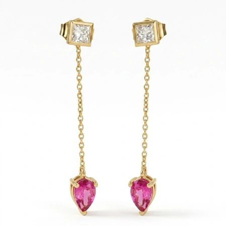 Lab Grown Hot Pink Tourmaline Diamond 9Kt Gold Earrings