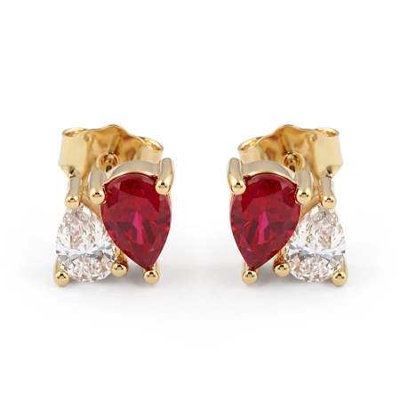 Gold Earrings with Lab Grown Diamond, Pigeon Blood Ruby Gold Earrings with Lab Grown Diamond, Pigeon Blood Ruby