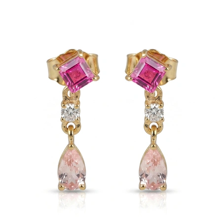 Lab Grown Hot Pink Tourmaline Diamond Gold Drop Earrings Lab Grown Hot Pink Tourmaline Diamond Gold Drop Earrings