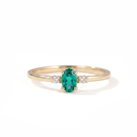 Gold Delicate Ring with Lab Grown Columbia Emerald, Diamond Gold Delicate Ring with Lab Grown Columbia Emerald, Diamond