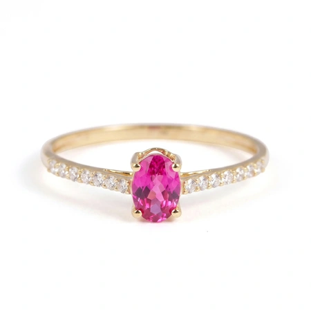 Yellow Gold Ring with Lab Grown Hot Pink Tourmaline, Diamond Yellow Gold Ring with Lab Grown Hot Pink Tourmaline, Diamond